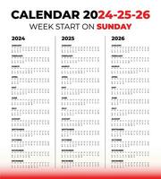 Vector calendar for 2024, 2025, 2026 on a white background. Week start on Sunday