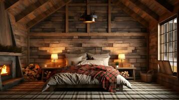 Generative AI, Cozy and Warm Rustic Bedroom with Stone Fireplace photo