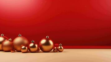 Festive Christmas Decorations. Minimalist Red Background with a Joyful Holiday Atmosphere photo