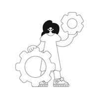 Girl holds gear in hands. linear format, vector illustration.