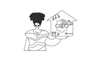 Man with IoT icon in a vector line design