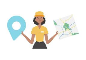 The girl is holding a map. The character is depicted to the waist. Isolated. Vector illustration.