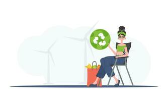 A woman sits next to a package with healthy food and holds an EKO icon. Healthy food, ecology, recycling and zero waste concept. Flat trendy style. Vector. vector