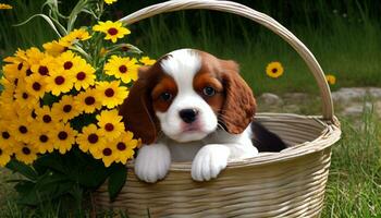 Generative AI, Puppy Love A Cute Pup Poses in a Basket Amidst a Floral Paradise photo