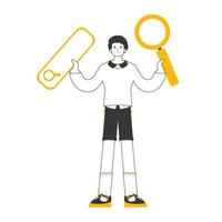 The guy is holding a magnifying glass in his hands. Search concept. Linear trendy style. Isolated. . vector