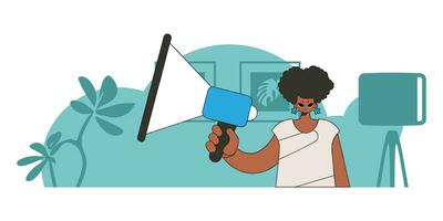 Concept Attraction and search of personnel. A woman with a megaphone, symbolizing the search for people in the labor market. vector