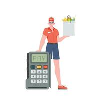 A man is holding a grocery bag. Delivery concept. Isolated. Cartoon style. Vector. vector