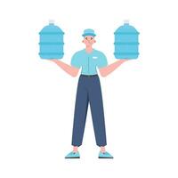 Water delivery concept. The man is holding a large water bottle. The character is depicted in full growth. Isolated. Vector illustration.