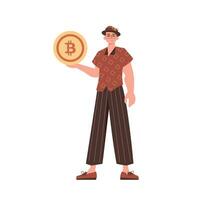 un hombre sostiene un bitcoin en el formar de un moneda en su manos. personaje en moderno de moda estilo. vector