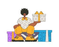The guy holds two gifts in his hands. A man sits on gift boxes. Holiday surprise concept. Style 80s and 90s. vector