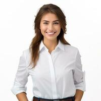 Cheerful brunette business woman isolated photo