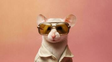 generativo ai, frio ratón elegante Gafas de sol en pastel antecedentes foto