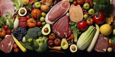 Different types of meats, vegetables, and fruits lay in supermarkets. Generative AI photo