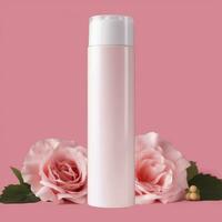 Amazon Product Picture Body Wash, Cylinder Bottle Solid Color pink background, with roses, AI Generative photo