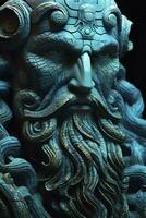 The gods of the sea Zeus god Necronomicon gods of the sea god, futuristic, sci-fi elements, dark bronze and light azure, close up, AI Generative photo