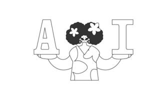 In her hands, the girl holds the letters AI, symbolizing Artificial Intelligence, in a vector linear style