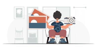 A woman is sitting in a chair holding a camera vector
