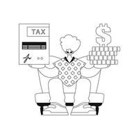 Guy holds tax return and stack of coins, linear style in vector illustration.