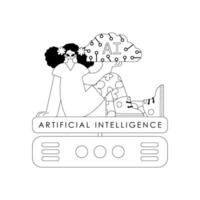 Girl and AI server, AI theme in linear illustration vector