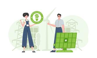 Man and woman and solar panel. Eco energy concept. Vector illustration.