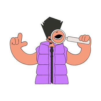 The guy is holding a magnifying glass. Search for the necessary information on the Internet. Linear retro style character. vector