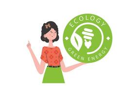 The girl holds the ECO logo in her hands. The character is depicted to the waist. The concept of ecology and green energy. Isolated. Vector trend illustration.