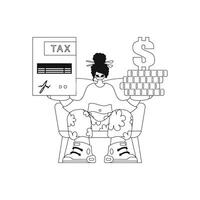 Girl holds tax return and stack of coins in her hands, linearly styled vector illustration.