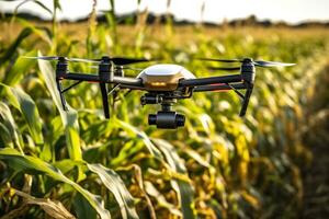 Drone monitoring crops and smart agriculture in a digital farming.  AI Generative photo