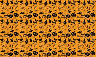 Halloween festive seamless pattern. Endless background with pumpkins, skulls, bats, spiders, ghosts, bones, candies, spider web and speech bubble with boo.Halloween vector seamless pattern