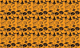 Halloween festive seamless pattern. Endless background with pumpkins, skulls, bats, spiders, ghosts, bones, candies, spider web and speech bubble with boo.Halloween vector seamless pattern