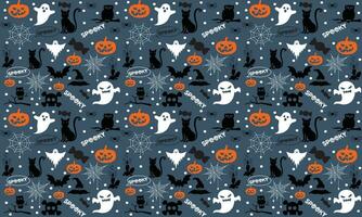 Halloween festive seamless pattern. Endless background with pumpkins, skulls, bats, spiders, ghosts, bones, candies, spider web and speech bubble with boo.Halloween vector seamless pattern