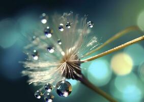 Beautiful dew drops on a dandelion seed macro. Beautiful blue background. Generative AI photo