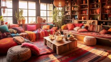 Generative AI, Bohemian Oasis A Colorful and Eclectic Living Room photo