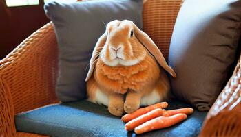 generativo ai, conejito felicidad un mascota Conejo mordiscos en zanahorias en un acogedor interior refugio foto