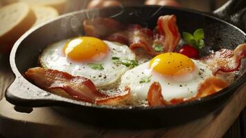 Bacon and eggs in a pan. Composition with tasty fried eggs and bacon on wooden table. AI Generative photo