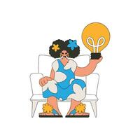 Presentable girl holds a light bulb in her hands. Idea theme. vector