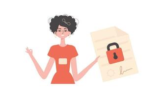 A woman is holding a contract or document. Smart contract. Data protection. Modern trendy style. vector