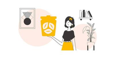 A woman is holding a trash can. The concept of recycling plastic and waste. Linear trendy style. vector