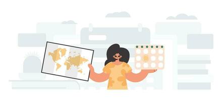 The energized woman holds a calendar and a chart of the world in his hands. The concept of rest and travel. Trendy style, Vector Illustration