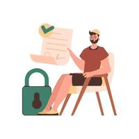 The man sits in a chair and holds a document in her hands. Data protection. vector