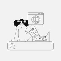 A unique woman is holding a browser. Black and white style. vector