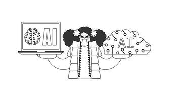 A black and white illustration of a woman holding a laptop and a cloud vector