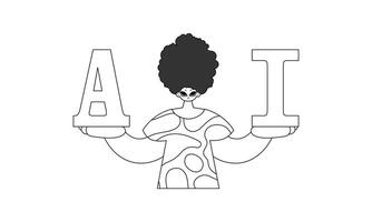 A black and white drawing of a woman holding a sign that says i vector