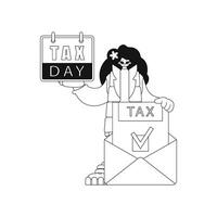 Girl has calendar and letter with tax notification in hands. Illustration shows linear style vector. vector