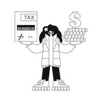 Girl holds a tax return and a pile of coins. illustrated with a vector in a linear style.