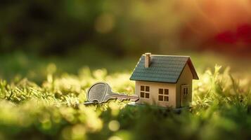 Copy space of home. Small model home on green grass with sunlight. AI Generative photo