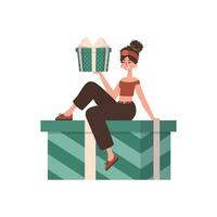 A woman sits on a gift. Modern flat vector illustration.