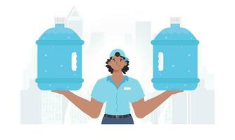 Water delivery concept. The man is holding a large water bottle. The stylish character is depicted to the waist. Vector illustration.