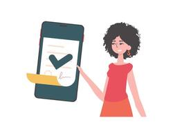 The girl is holding a document. Smart contract. Data protection. Modern style character. vector