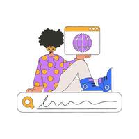 A man sits on a search bar and holds a browser window in his hands. Search for information. Retro style character. vector